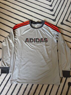 Adidas Light Gray Long-Sleeve Athletic Shirt with Orange Accents